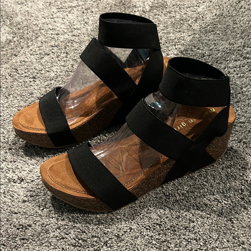Madden Girl Black Elastic Strap Cork Wedge Sandals